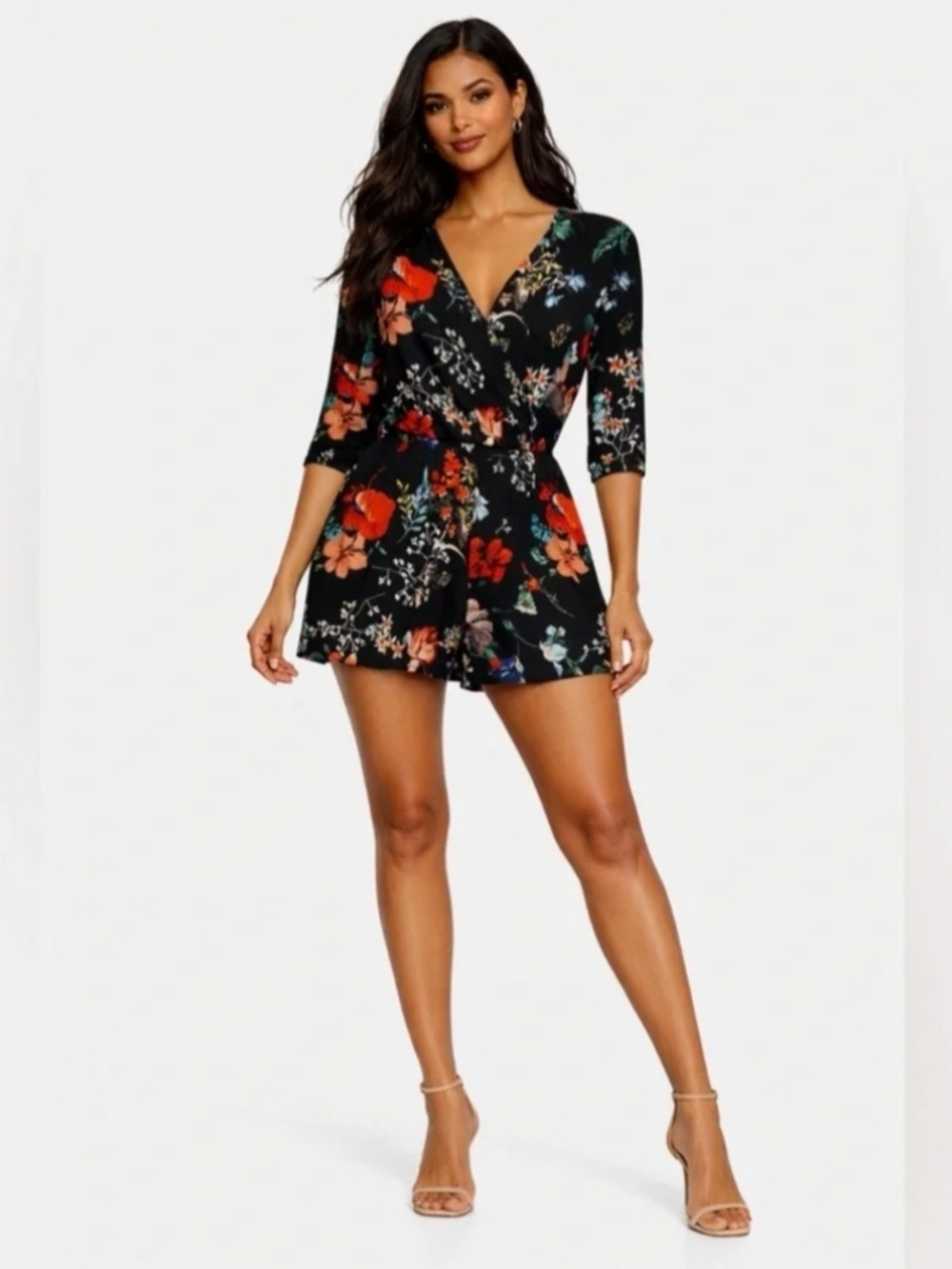 Kaileigh Black Floral V-Neck Romper with Red & Green Accents Sz S Garden Party